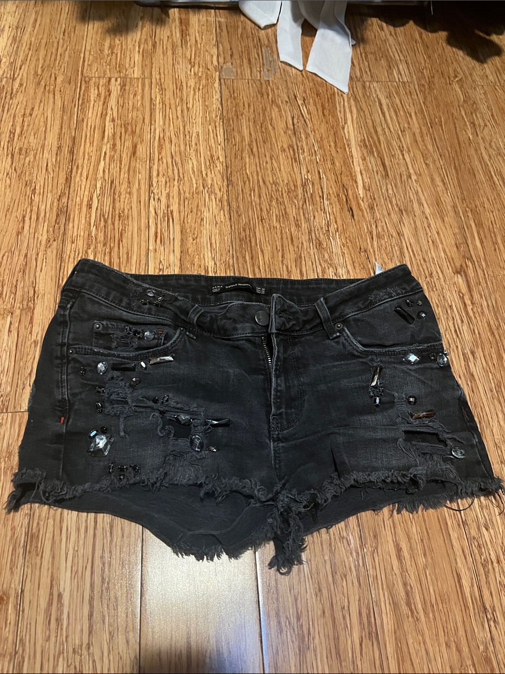 Zara Black Distressed Denim Shorts with Bead Embellishments